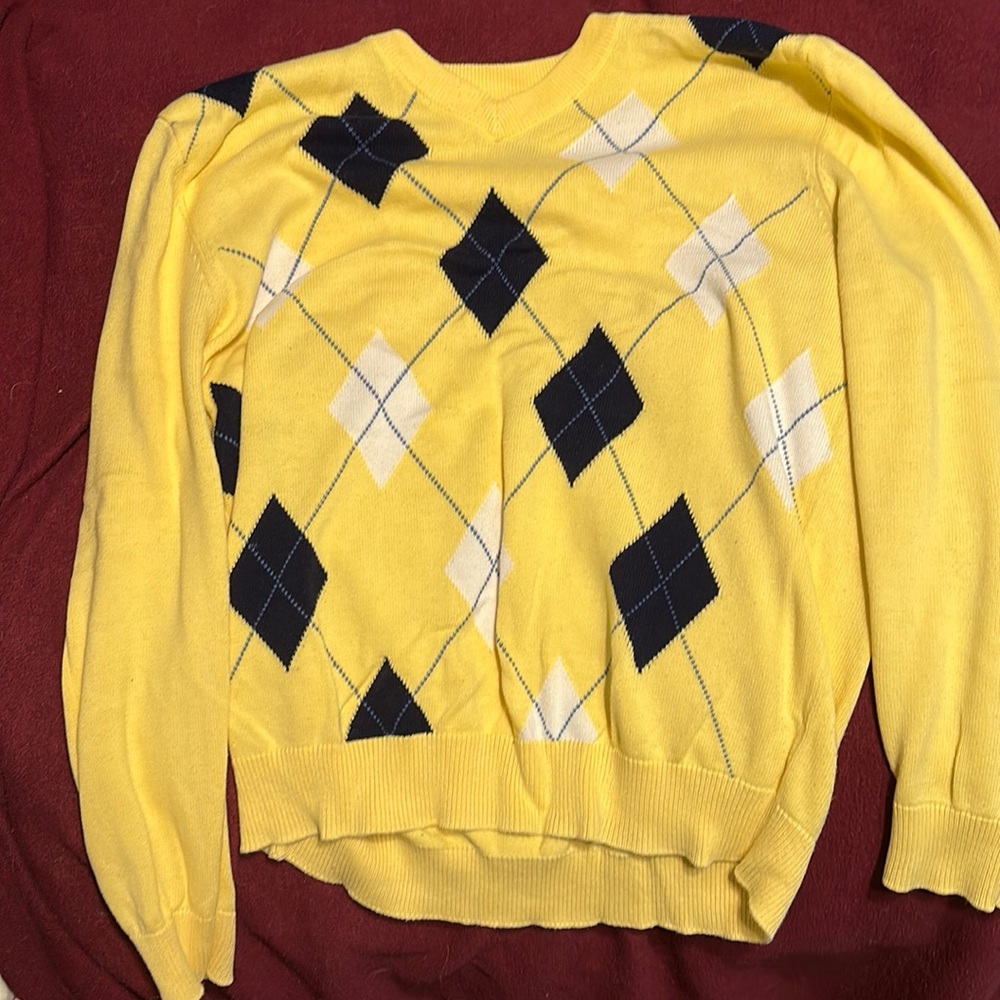 Argyle gingham checkered plaid yellow sweater geometric